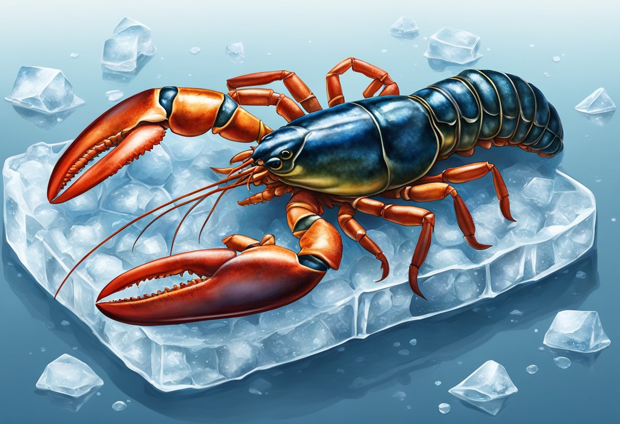 A live lobster sitting on a bed of ice in a seafood market in Singapore