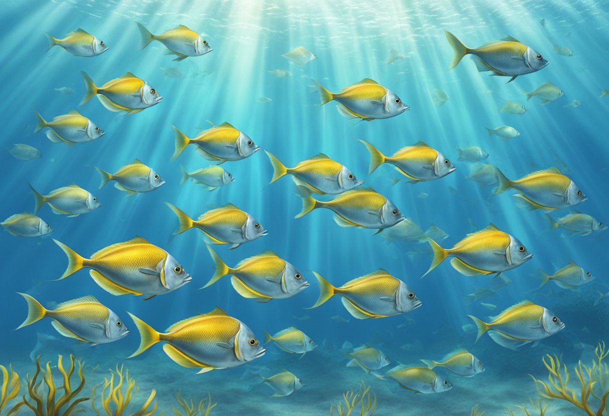 A school of pomfret fish swimming gracefully in the clear blue ocean, with their sleek bodies and distinctive forked tails glinting in the sunlight