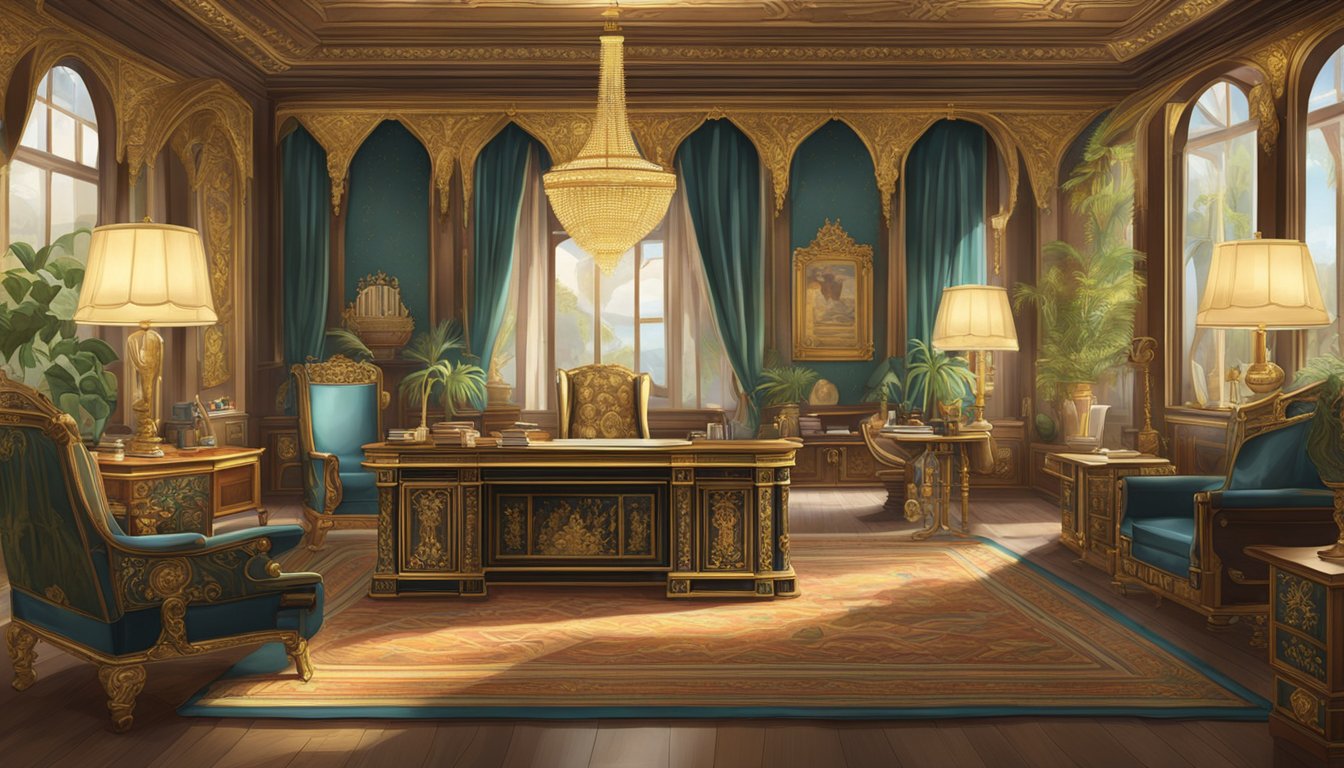 An opulent empire money lender's office, adorned with lavish tapestries and ornate furniture, exudes wealth and power