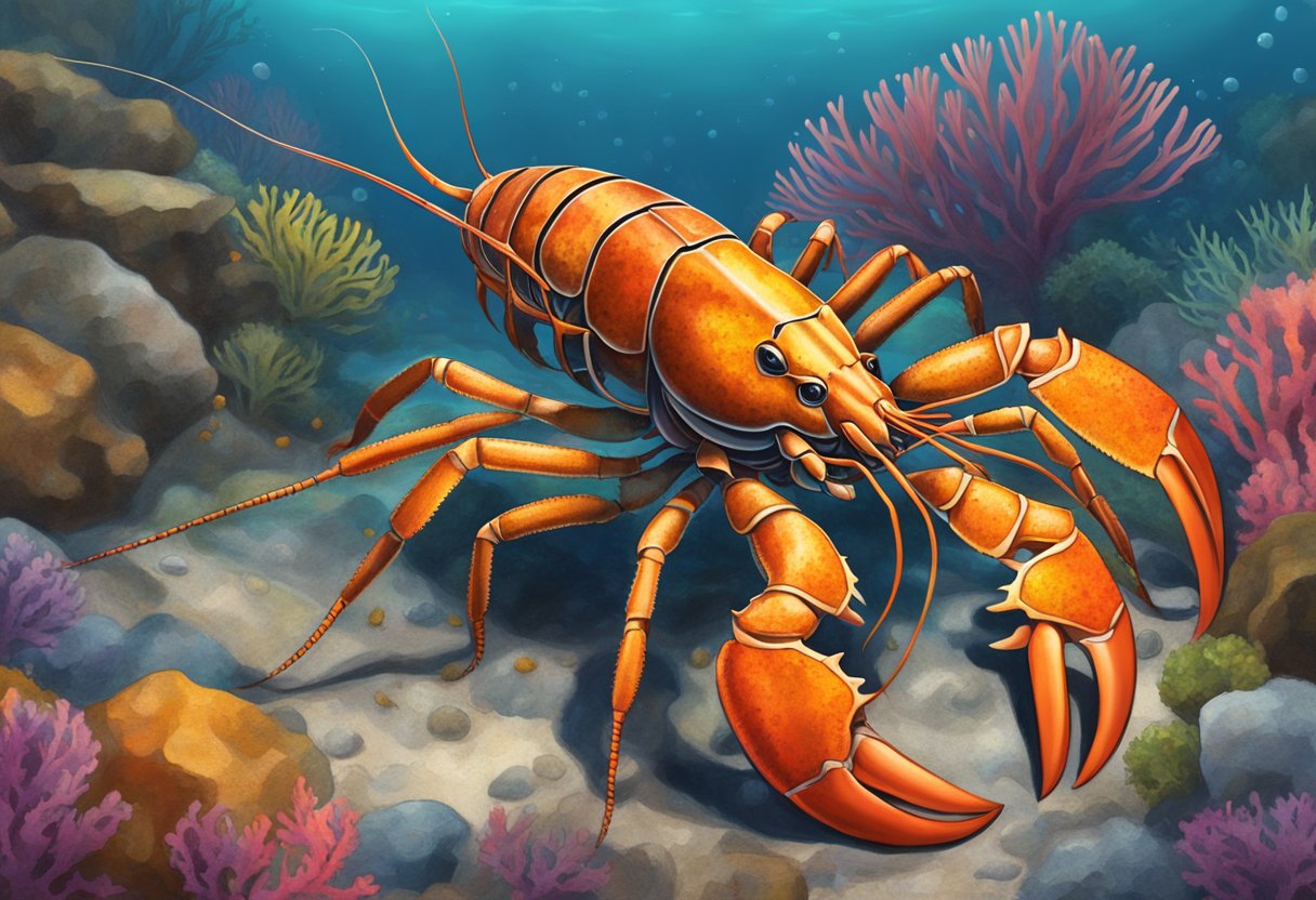 A rock lobster rests on a rocky ocean floor, surrounded by colorful coral and seaweed. The lobster's shell is a mottled brown and orange, with long antennae and large, powerful claws
