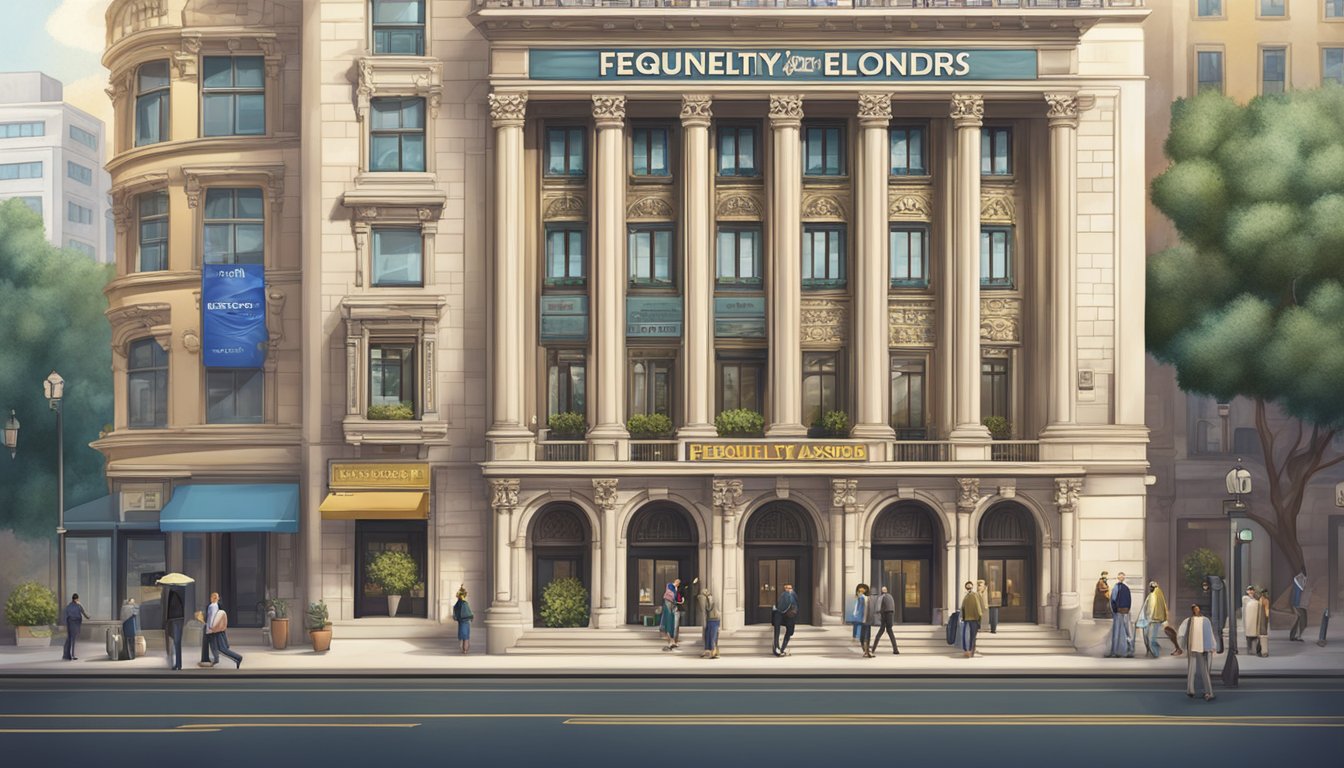 A grand, ornate building with a large sign reading "Frequently Asked Questions Empire Money Lender" stands proudly in the bustling city center