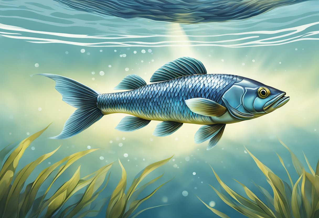 A sutchi fish swims gracefully through clear, rippling water, its sleek silver scales shimmering in the sunlight