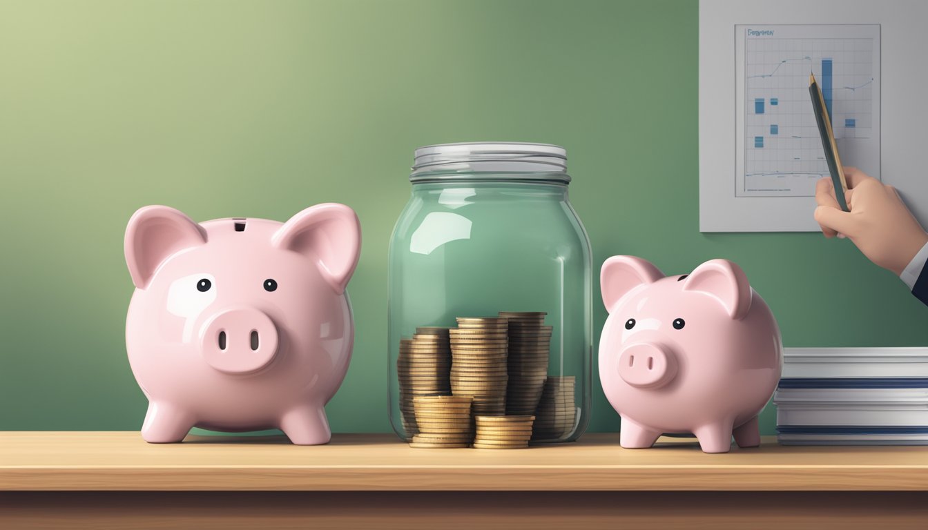 A piggy bank sits on a desk next to a stack of coins and a jar labeled "savings." A chart showing a budget plan is pinned to the wall