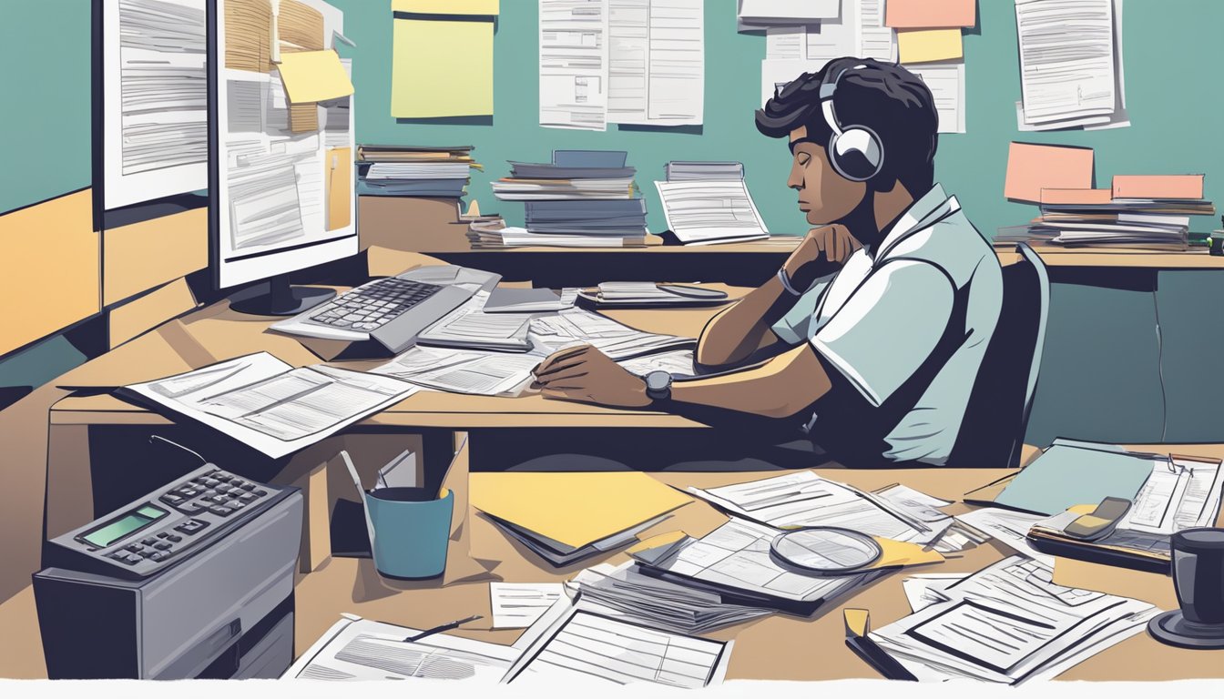 An individual sitting at a desk, surrounded by tax forms and documents, with a calculator and computer, while looking stressed and overwhelmed
