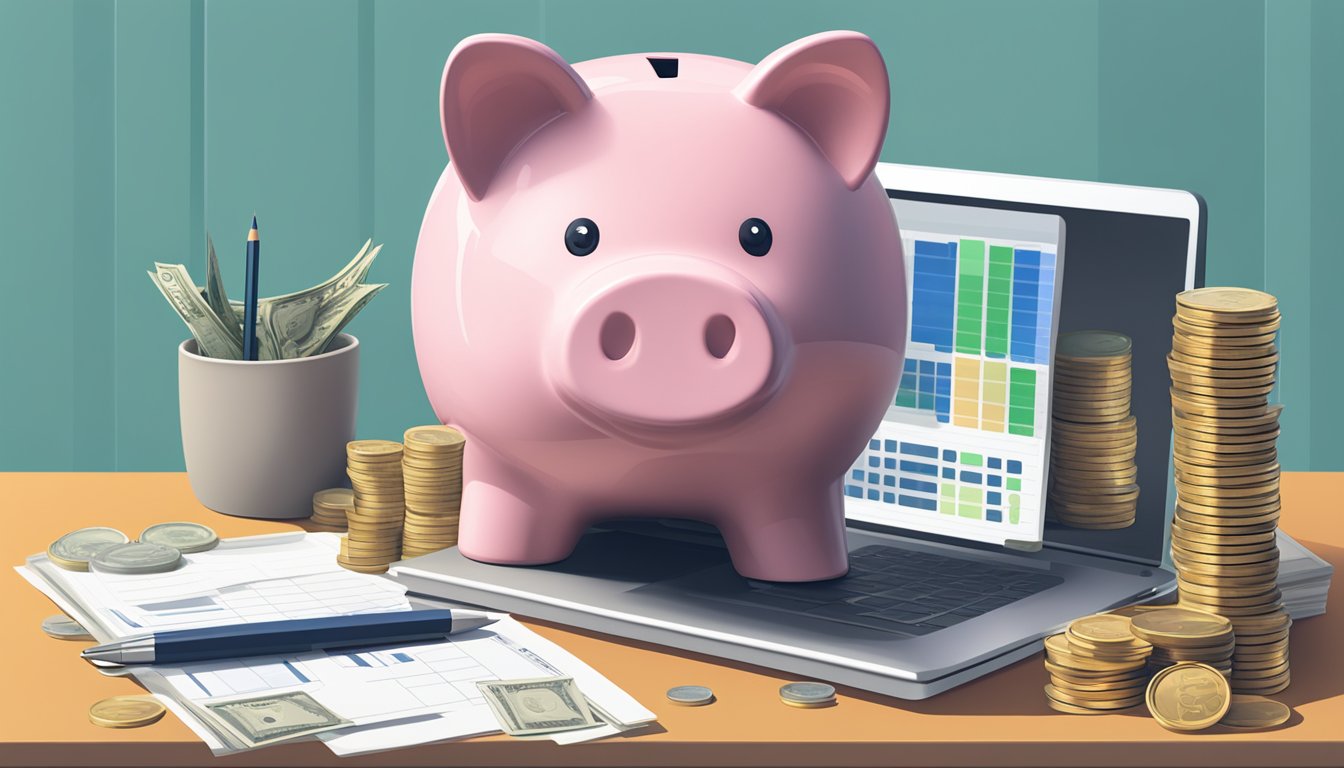 A piggy bank sits on a desk, filled with coins and bills. A budget spreadsheet is open on a computer screen, with highlighted savings goals. A stack of financial planning books is nearby