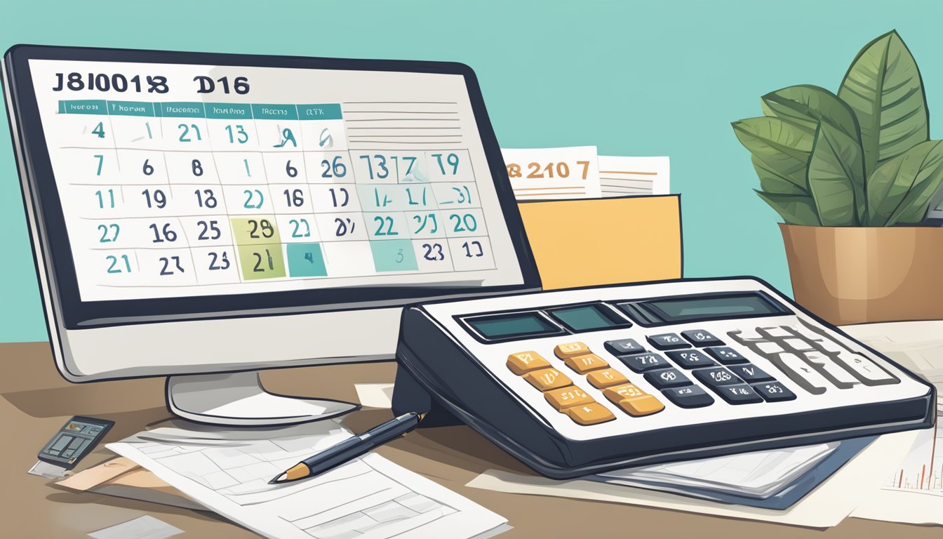 A calendar with marked dates, a calculator, and a stack of paperwork related to income tax in Singapore