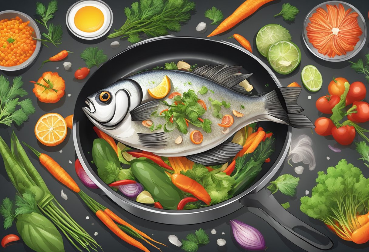 Sutchi fish sizzling in a hot pan, surrounded by colorful vegetables and aromatic herbs, steam rising from the sizzling fish