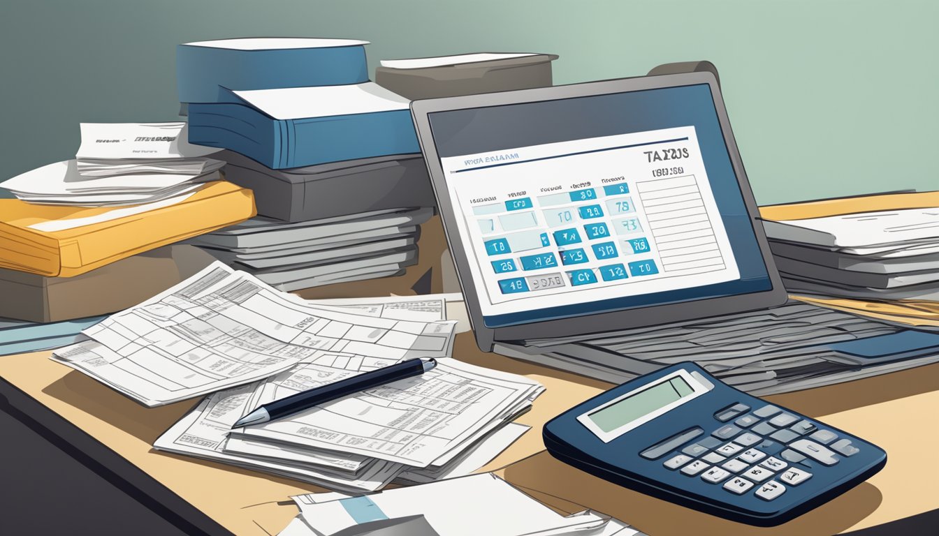 A desk with a laptop, calculator, and tax forms. A stack of bills and a pay stub sit nearby. A calendar shows the approaching tax deadline