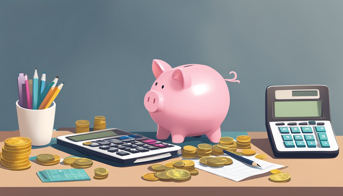 A piggy bank sits on a desk, overflowing with coins. A budget planner and calculator lie nearby, with a list of expenses and savings goals