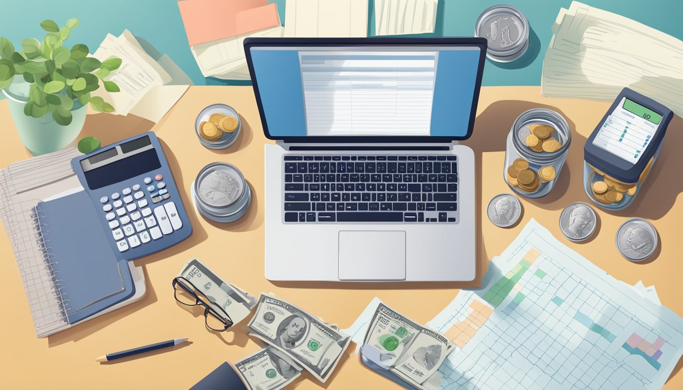 A desk with a laptop, calculator, and financial documents. A piggy bank and a jar of coins sit nearby. A chart showing savings growth hangs on the wall