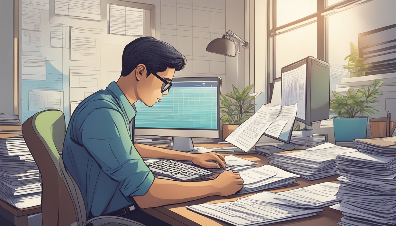 A person sitting at a desk, surrounded by paperwork and a computer, managing their personal taxes and finances, with a focus on IRAs in Singapore