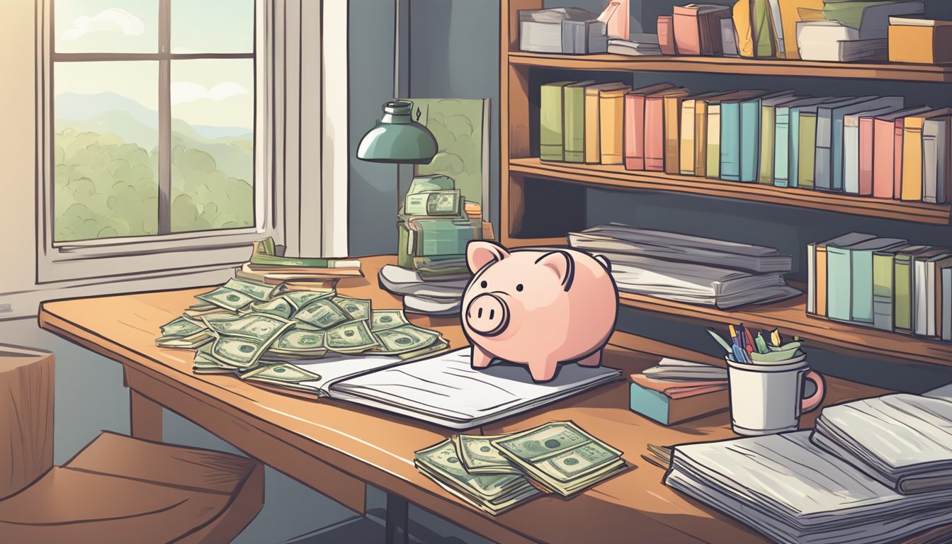 A cozy apartment with budgeting tools, a piggy bank, and a stack of money-saving books on a desk. A calendar with marked frugal activities hangs on the wall