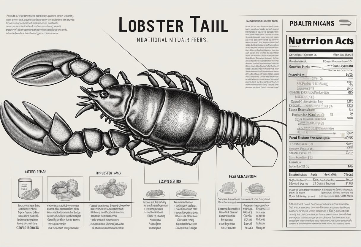 A lobster tail with nutritional facts and storage instructions displayed on a clean, white background