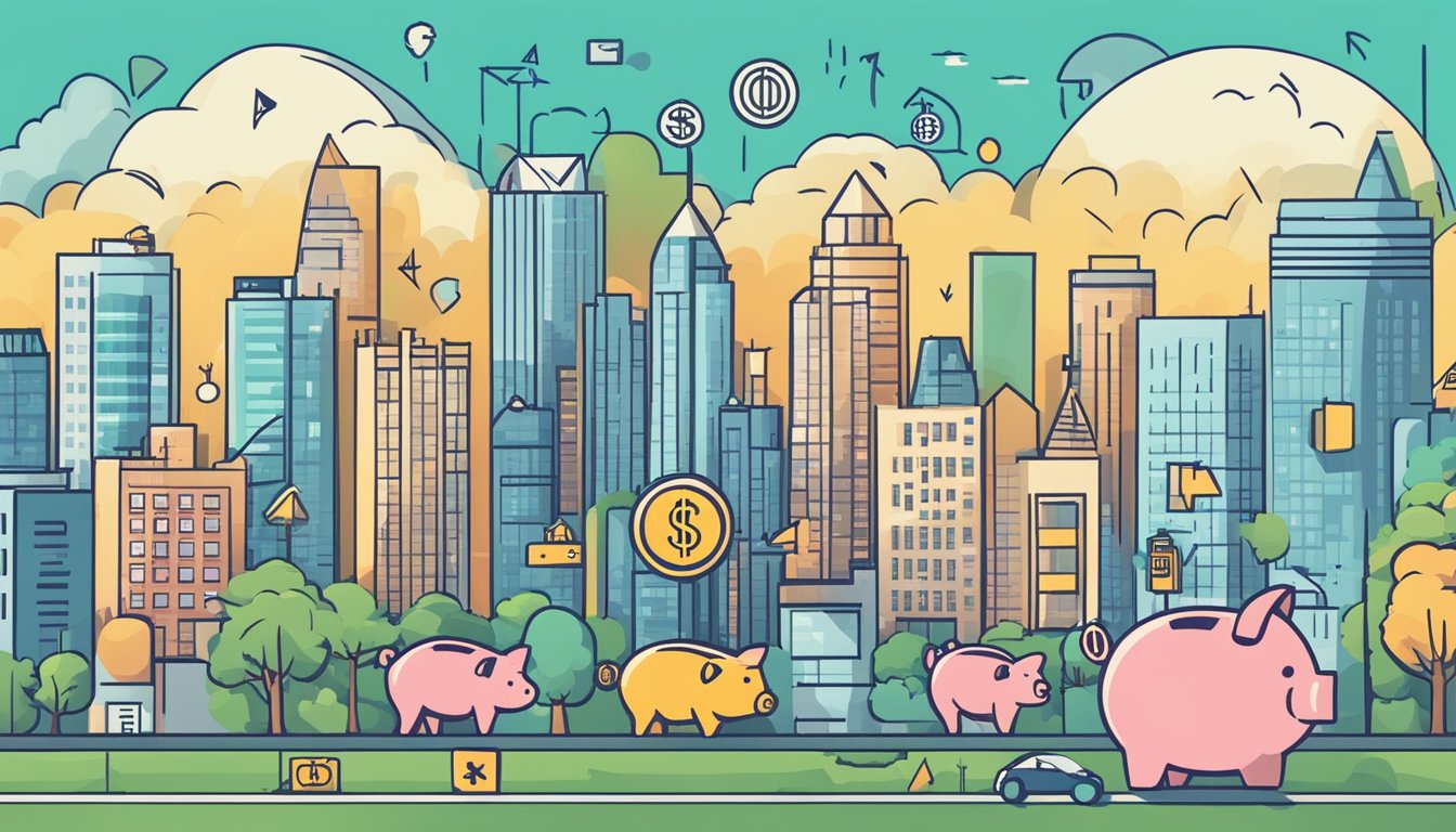 A bustling city skyline with cost-saving symbols like piggy banks, dollar signs, and arrows pointing to budget-friendly activities