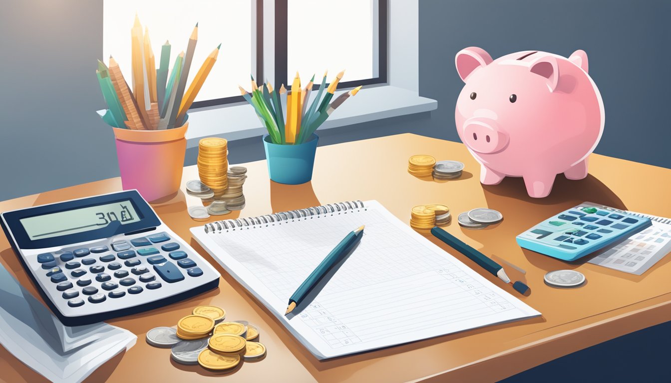 A desk with a budget planner, calculator, and bank statements. A piggy bank and jar of coins sit nearby. A calendar marks savings goals