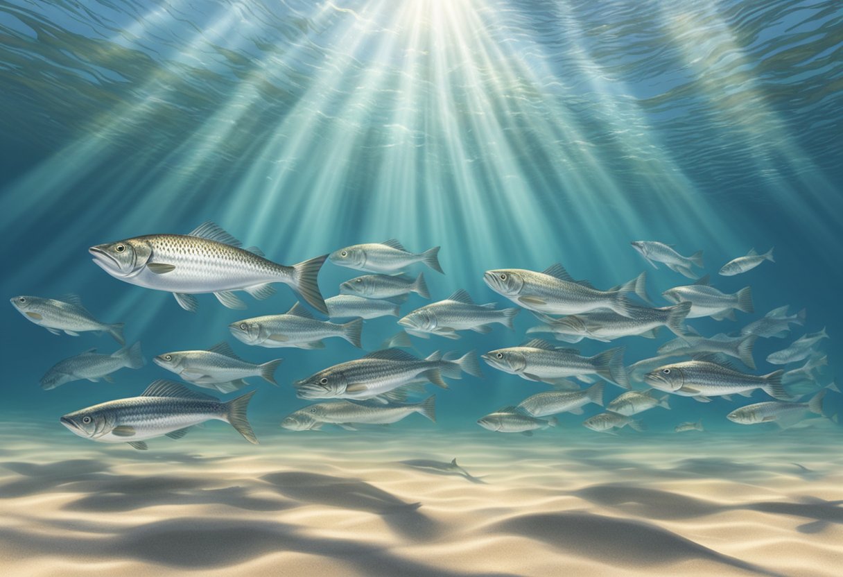 A school of mullet fish swimming in clear, shallow waters near a sandy beach. Sunlight filters through the water, creating shimmering reflections on the fish's scales