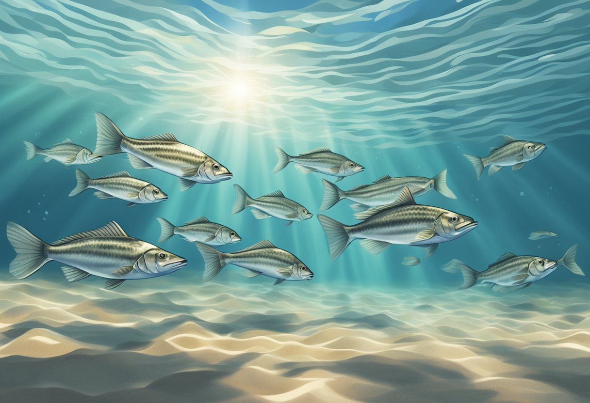 A school of mullet fish swimming in clear, shallow water near a sandy seabed, with sunlight filtering through the waves above