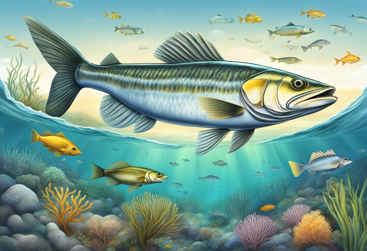 Mullet fish swimming in a diverse coastal ecosystem, interacting with marine plants and other sea creatures, highlighting their economic and ecological importance