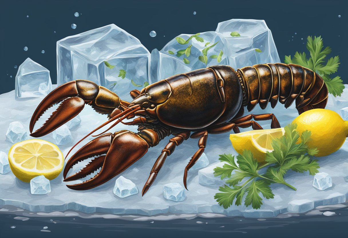 An Australian lobster sits on a bed of ice, surrounded by lemons and parsley. A sign reads "Frequently Asked Questions" in the background