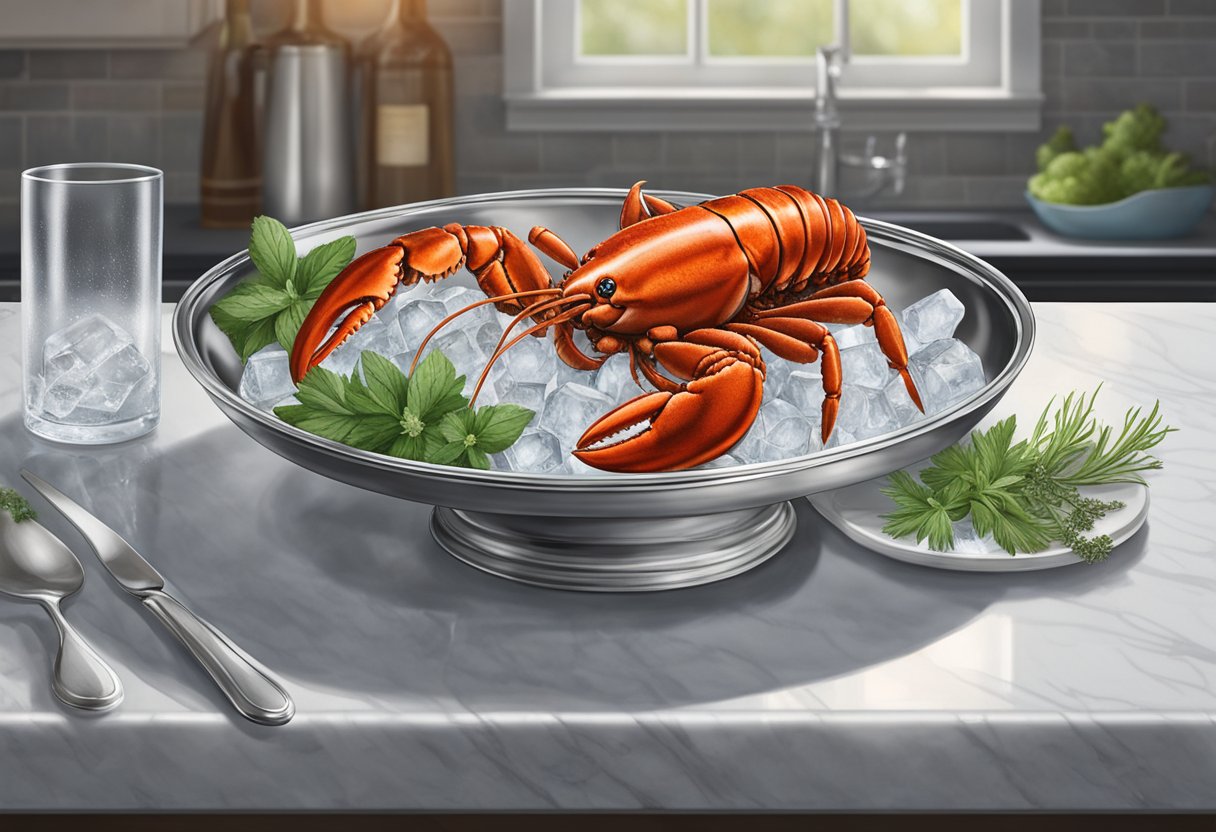 A silver platter holds a glistening lobster ball, surrounded by ice and garnished with fresh herbs. Nearby, a glass storage container sits on a marble countertop, ready to preserve the delicacy