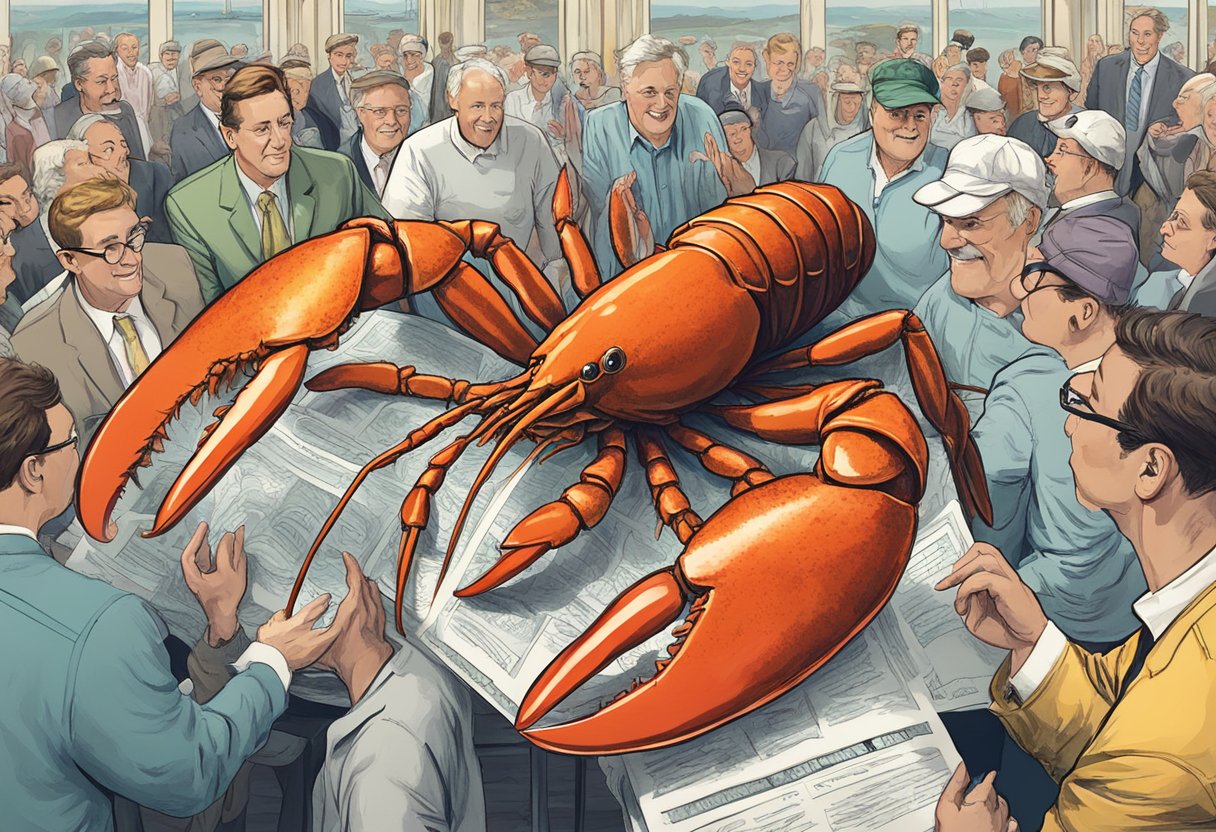 A lobster surrounded by a group of curious onlookers, with a large sign reading "Frequently Asked Questions lobster ball" in the background