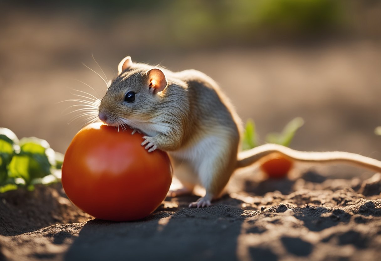A gerbil nibbles on a ripe tomato, its small paws holding the fruit steady as it takes a bite