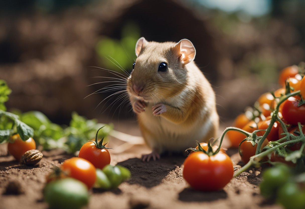 A gerbil sits near a pile of fresh tomatoes, sniffing and nibbling on one cautiously