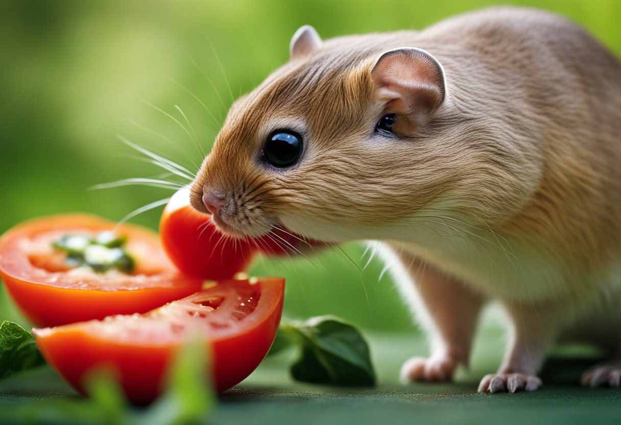 A gerbil eagerly munches on a juicy tomato, its small paws holding the fruit steady as it takes a bite