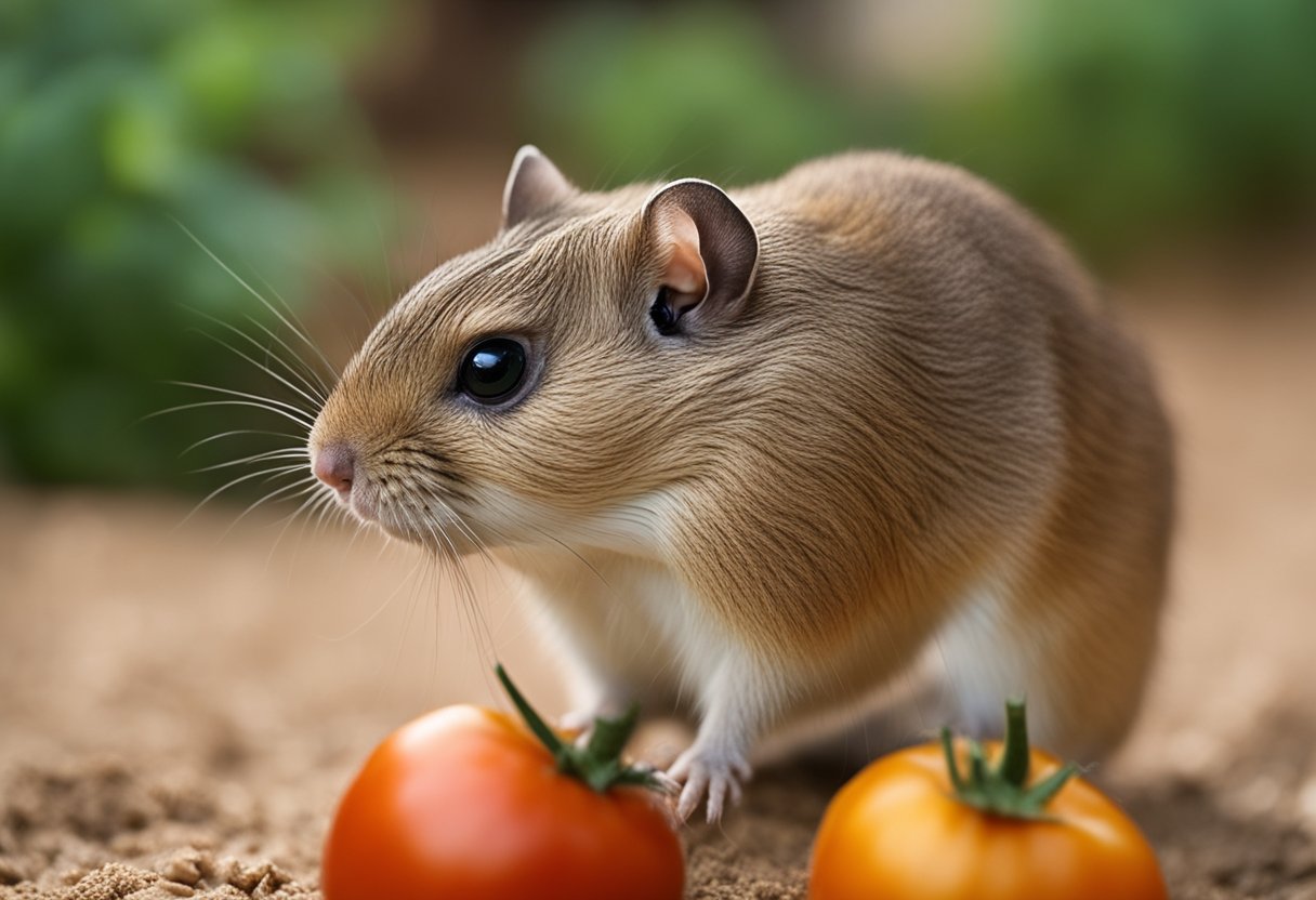 A gerbil investigates a ripe tomato, sniffing and nibbling cautiously
