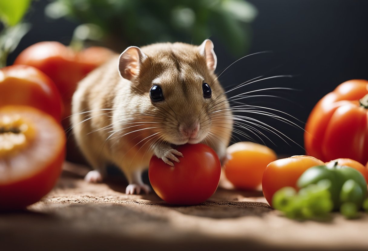 A gerbil eagerly nibbles on a juicy red tomato, its small paws holding the fruit steady. The curious rodent's whiskers twitch with excitement as it savors the fresh snack