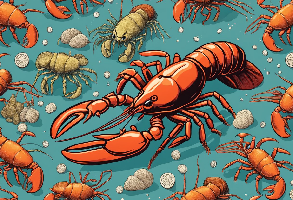 A lobster with raised claws surrounded by question marks and curious onlookers