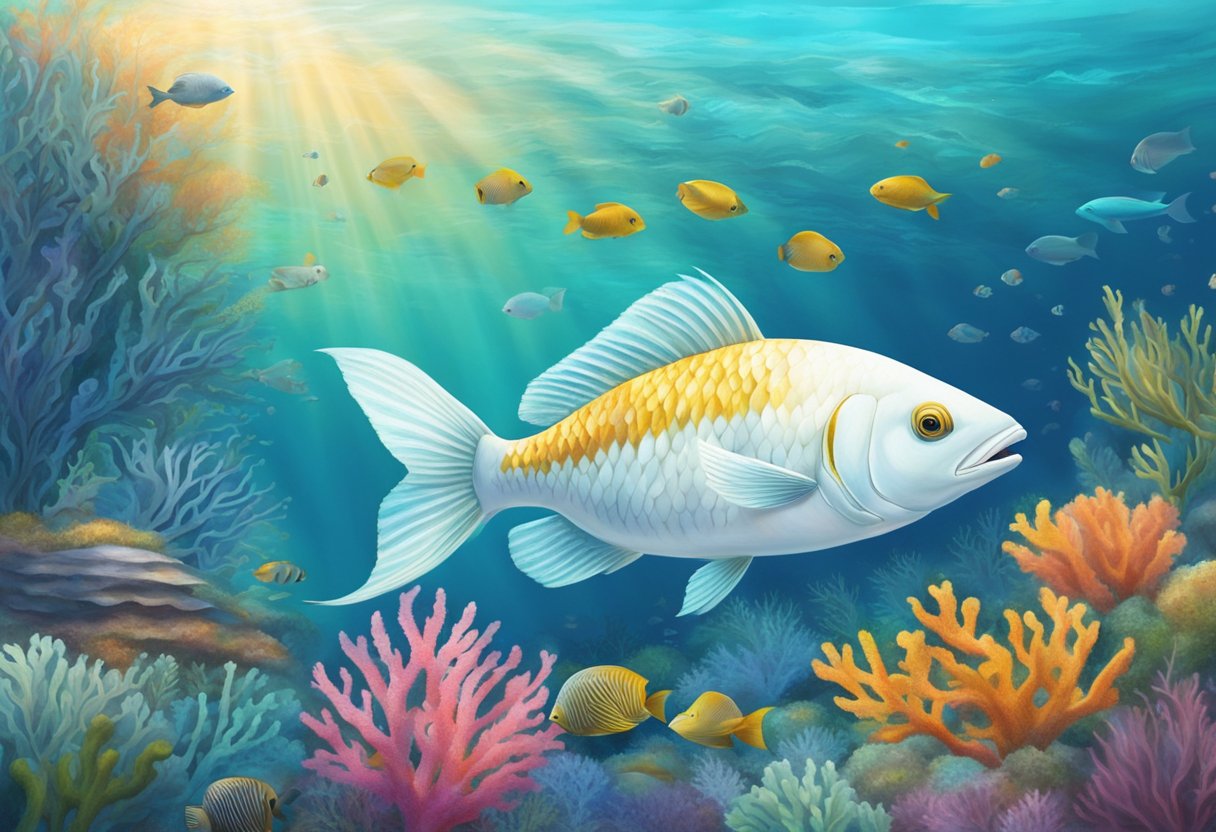 A white fish swims gracefully through clear, turquoise waters, surrounded by colorful coral and vibrant sea plants