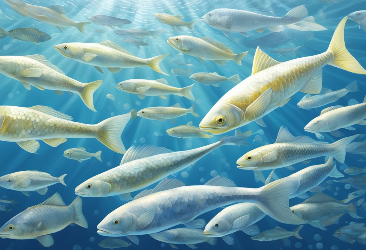 Various white fish swimming in clear, blue water with scales glistening in the sunlight. Some have sleek, elongated bodies, while others are more rounded with fins