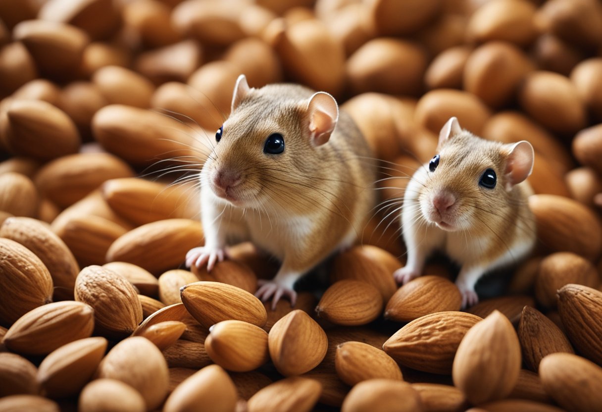 A group of gerbils surround a pile of almonds, showing curiosity and interest in the nuts