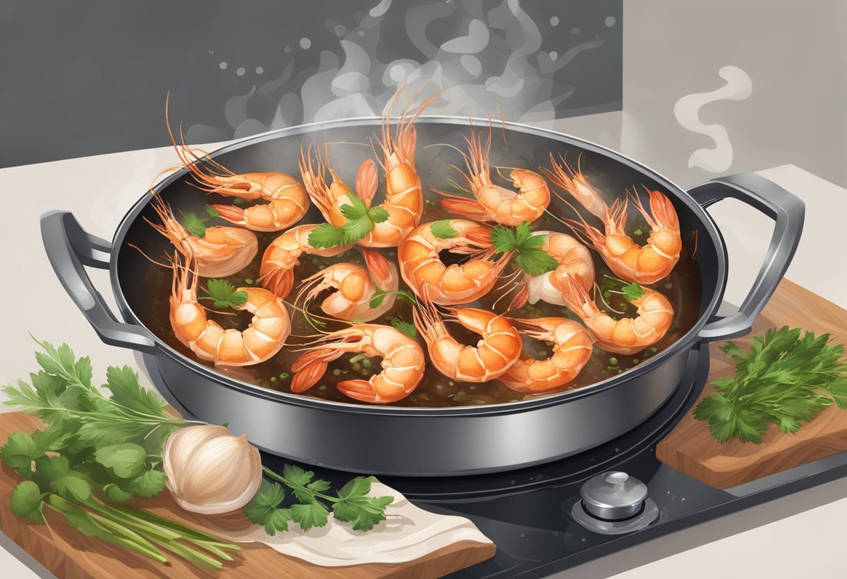 Prawns sizzling in a hot pan with garlic and herbs. Steam rising as they cook to perfection