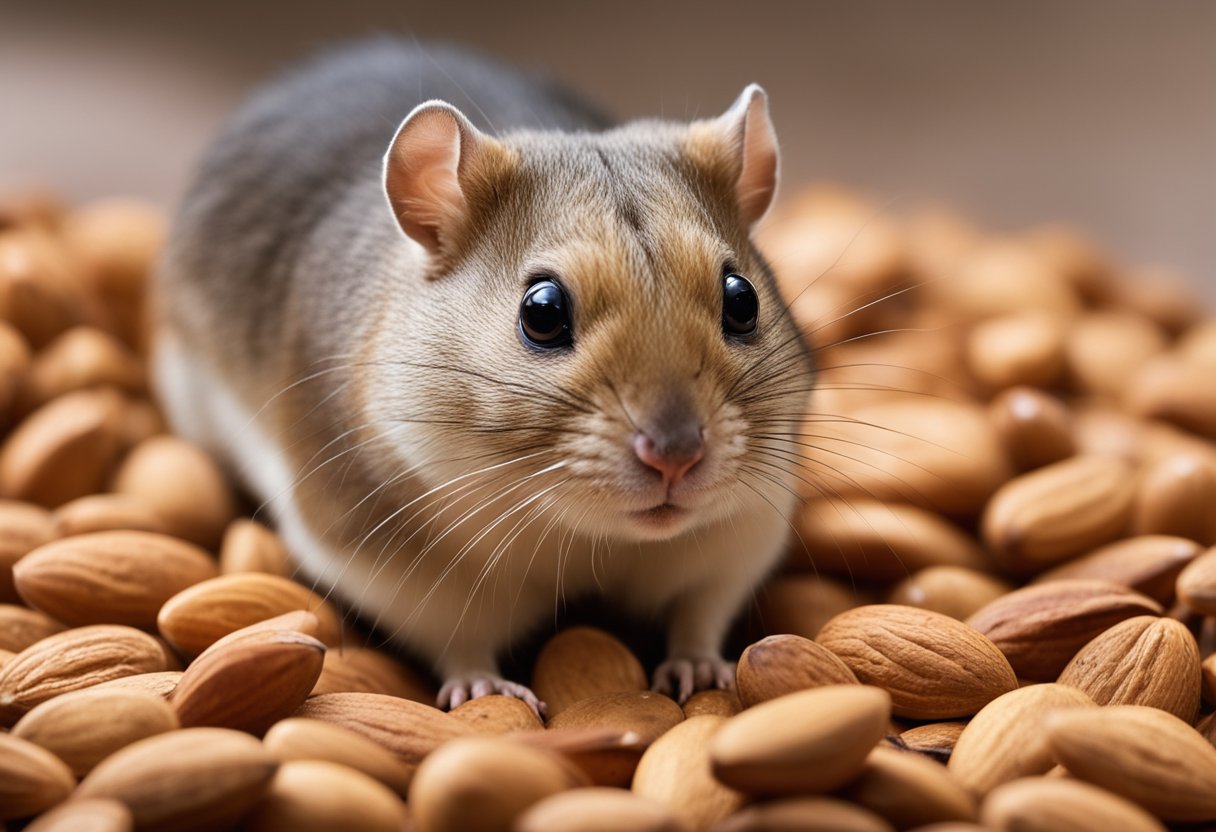 A gerbil sitting near a pile of almonds, with a question mark above its head