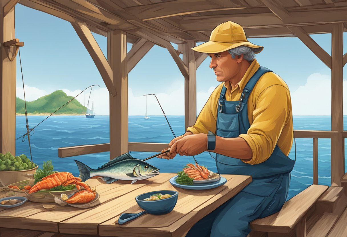 A fisherman reeling in a snapper fish from a tranquil ocean, with a table set for a delicious seafood meal in the background