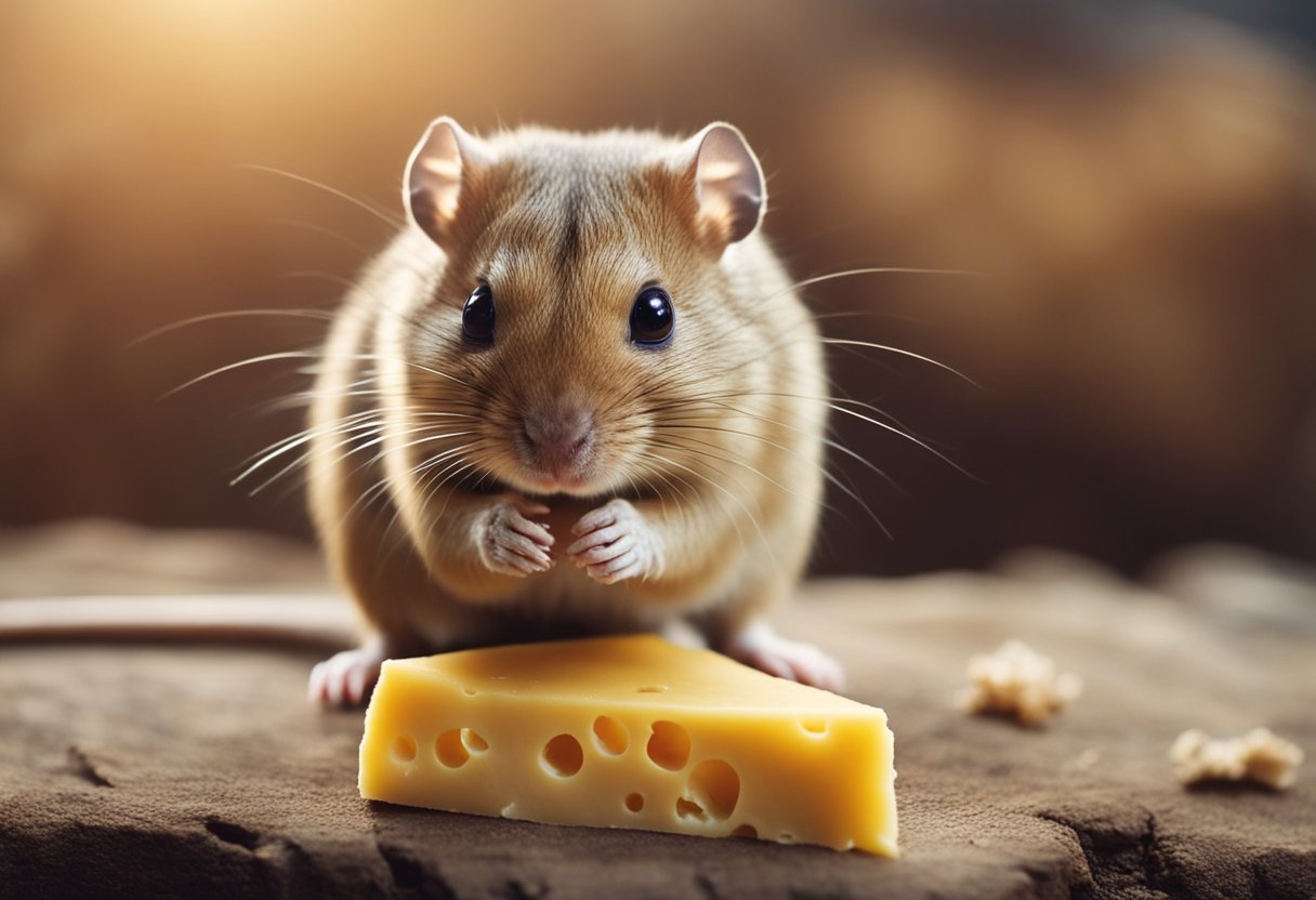 A gerbil nibbles on a small piece of cheese, its tiny paws holding the food as it sits in its habitat