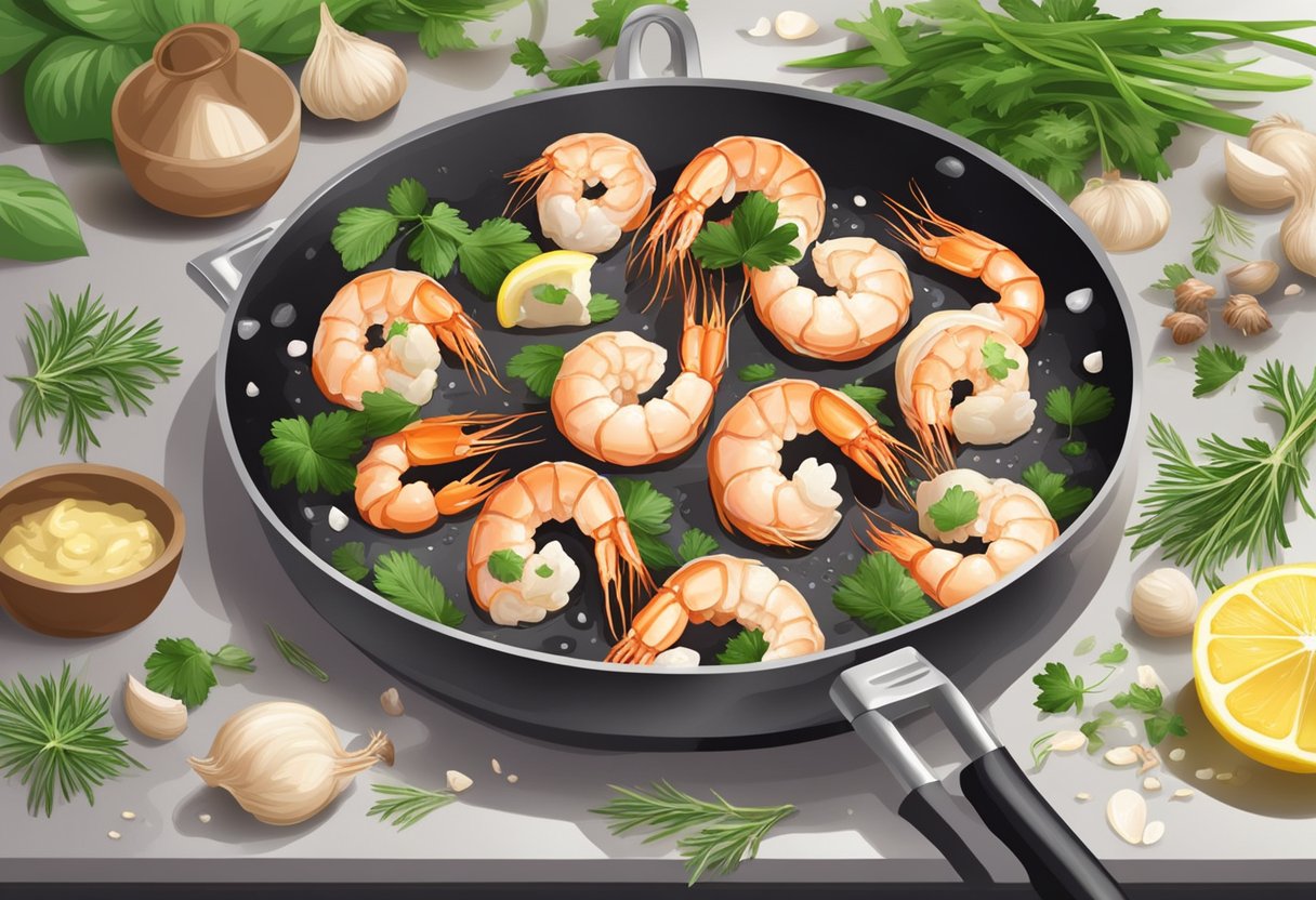 A chef sautés vannamei prawns in a sizzling pan with garlic and butter, surrounded by fresh herbs and ingredients for various recipes