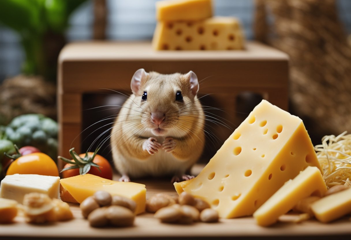 A gerbil sits in a cage, surrounded by various food items. A piece of cheese is placed in front of the gerbil, who looks at it curiously