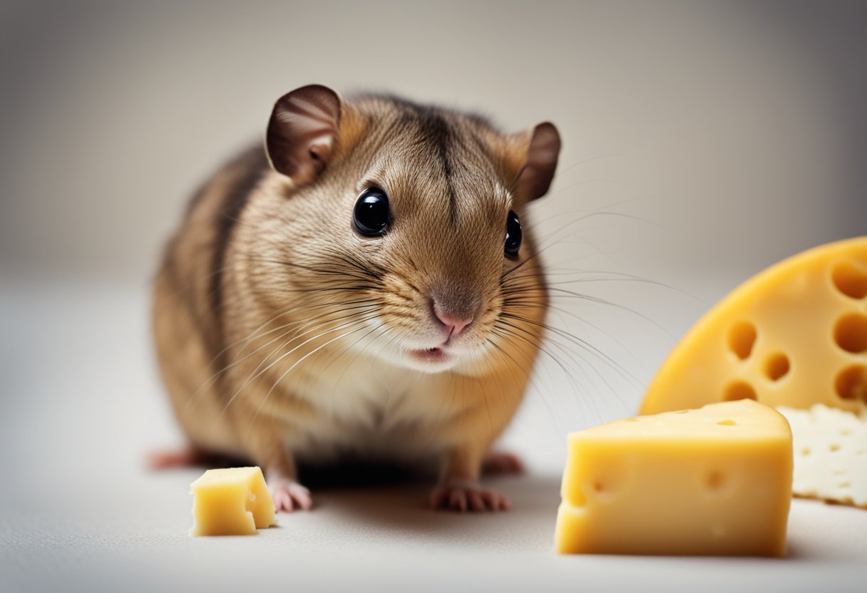 A gerbil sits near a small piece of cheese, sniffing it cautiously