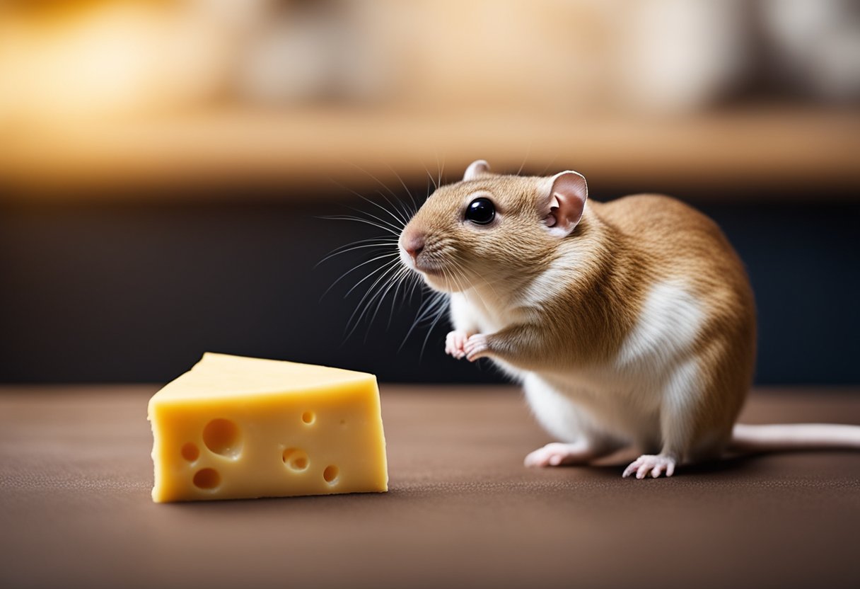 A gerbil stands near a block of cheese, with a question mark hovering above its head