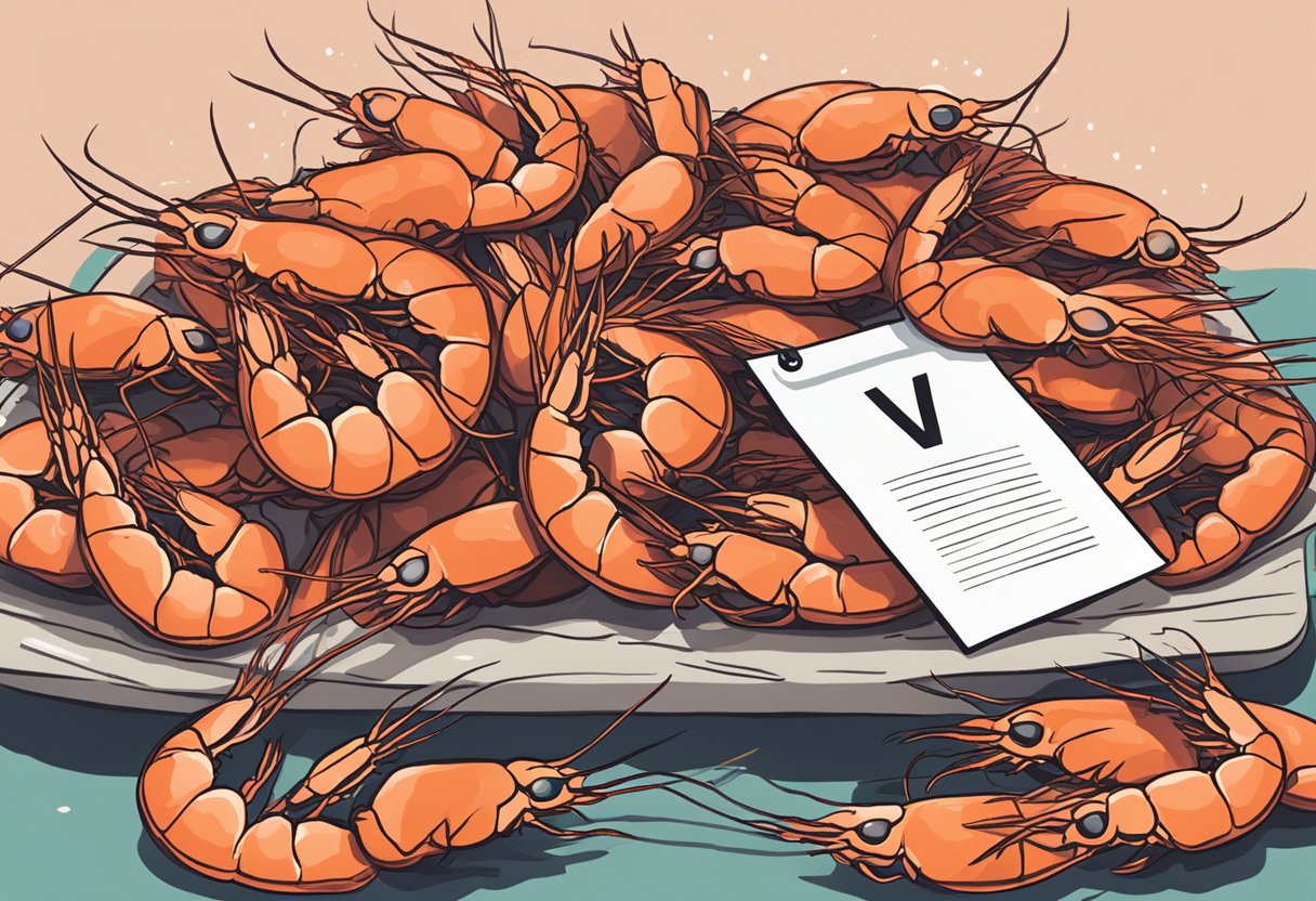 A pile of vannamei prawns with a "Frequently Asked Questions" sign next to them