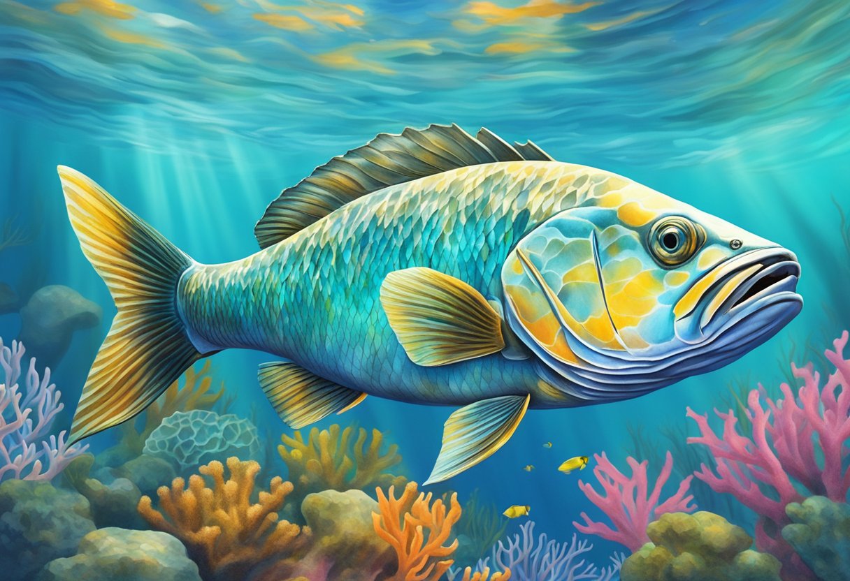 A barramundi fish swims gracefully through clear, turquoise waters, surrounded by colorful coral and vibrant marine life