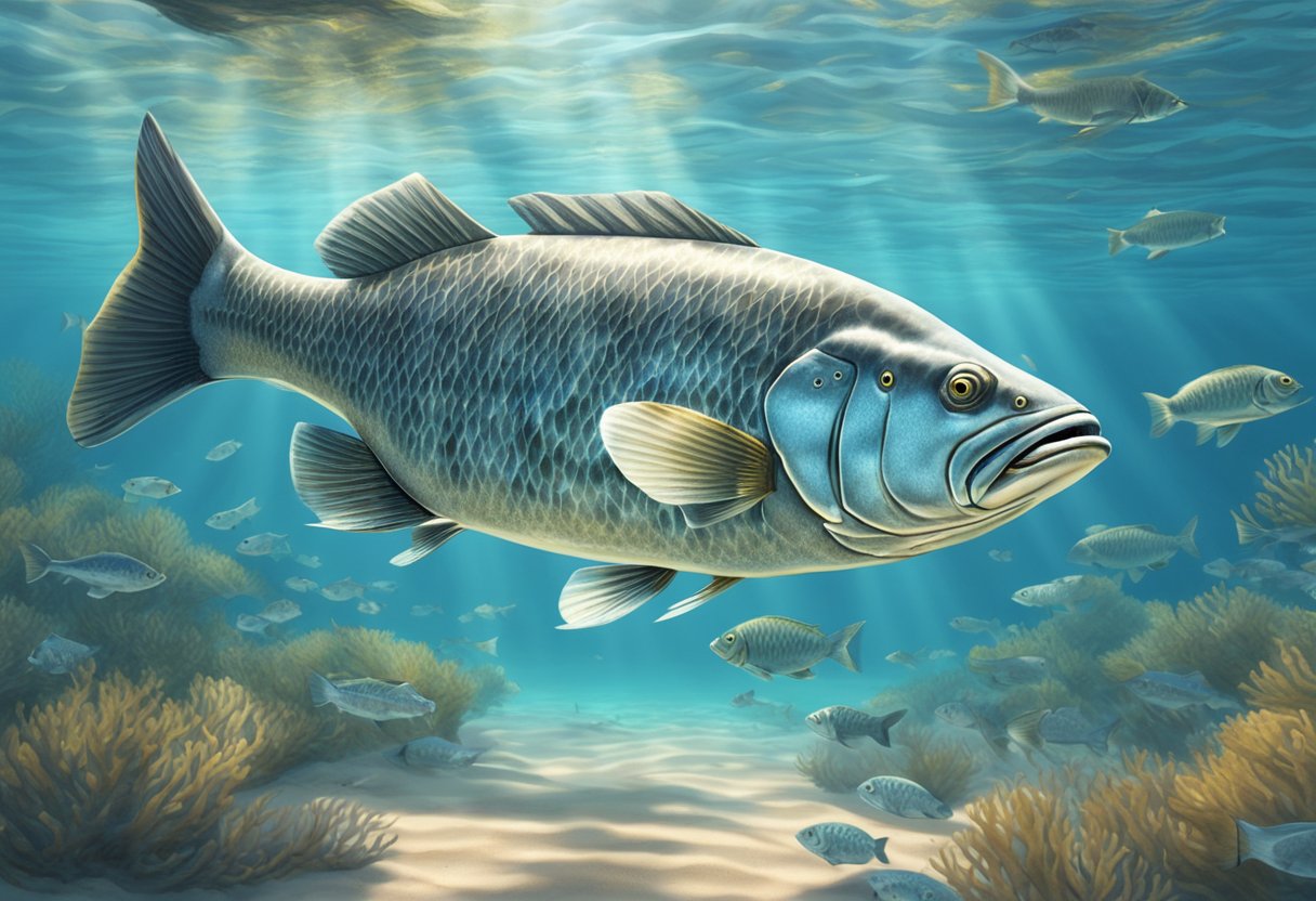 A barramundi fish swimming in clear water, surrounded by a school of smaller fish. Sunlight filters through the water, casting dappled shadows on the sandy ocean floor