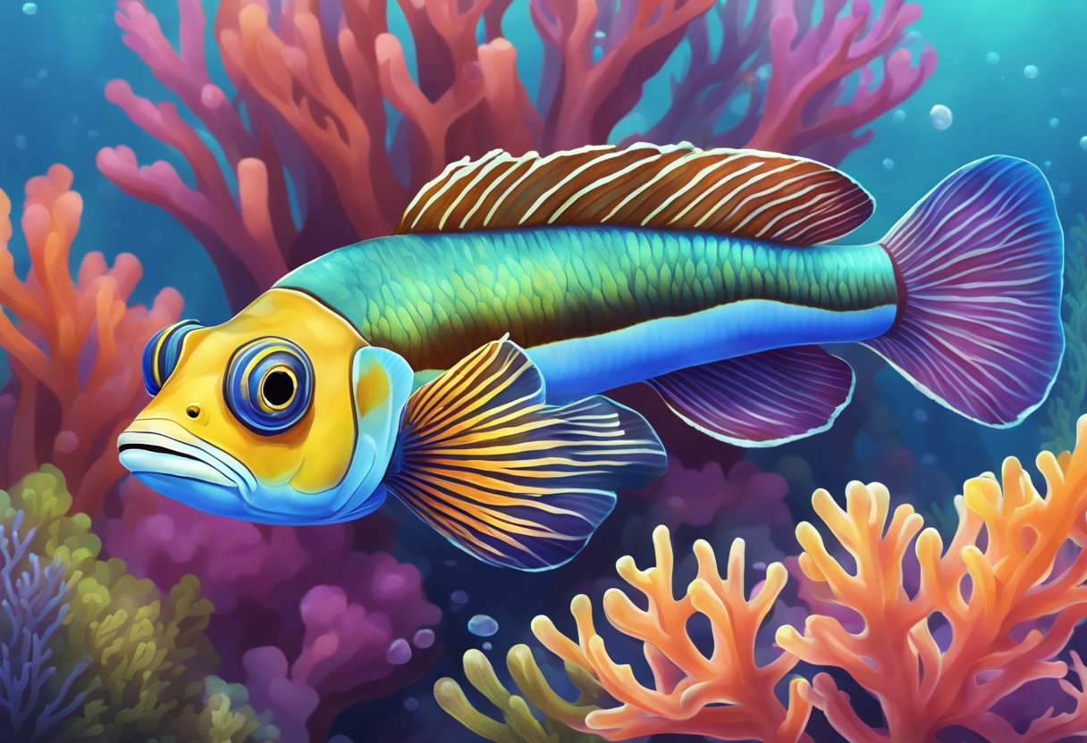 A colorful goby fish swims among vibrant coral reefs in crystal-clear ocean waters