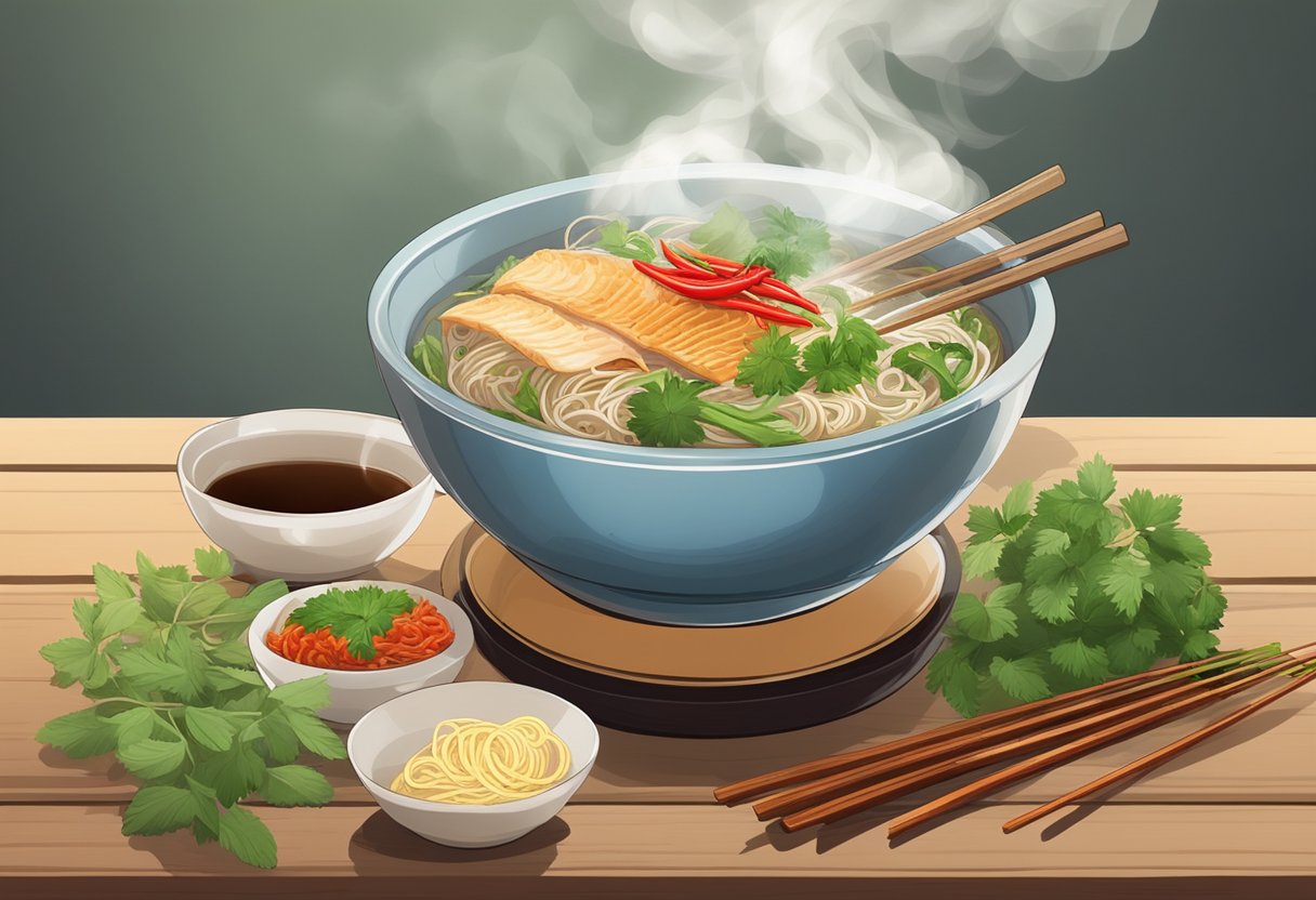 A bowl of steaming fish noodles, garnished with fresh herbs and slices of red chili, sits on a rustic wooden table. Steam rises from the bowl, and the noodles are arranged in a beautiful, appetizing display