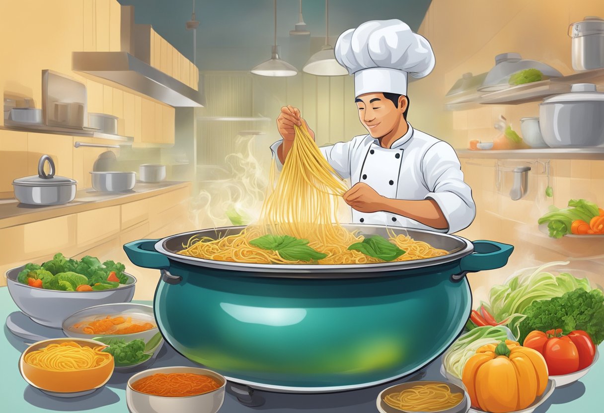 A chef stirs a pot of boiling water with fish noodles, adding vibrant vegetables and aromatic spices