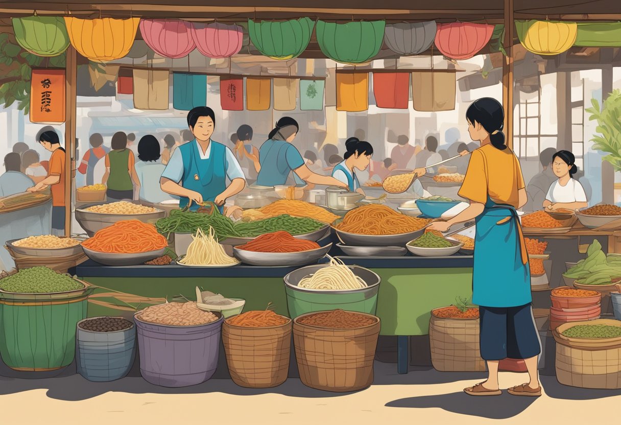 A bustling street market showcases diverse fish noodle dishes from different cultures and regions. Vendors proudly display their unique recipes, with colorful ingredients and aromatic spices