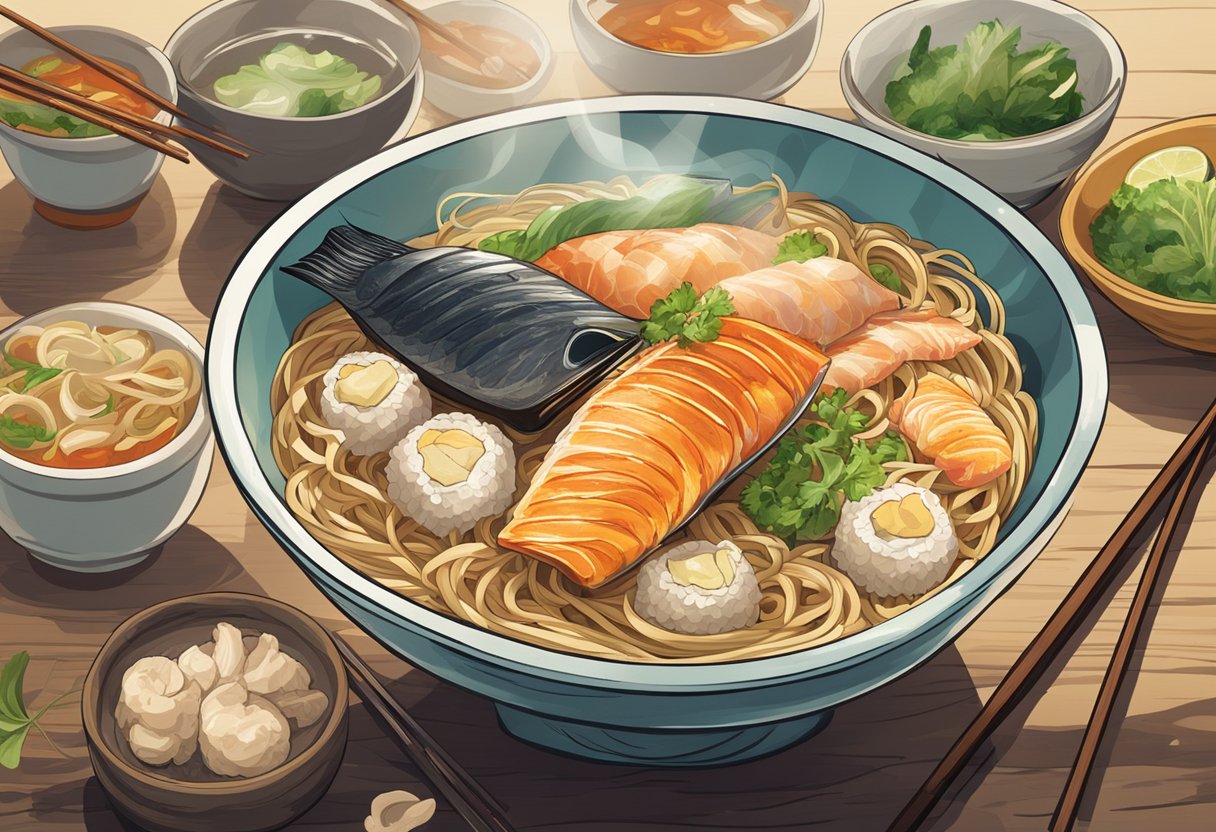 A steaming bowl of fish noodles sits on a rustic wooden table, surrounded by colorful condiments and chopsticks